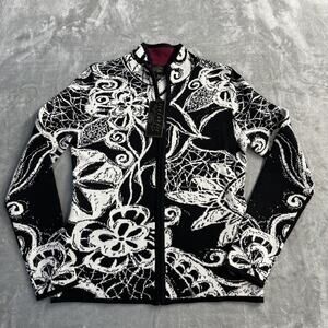 Icelandic Design Sweater Womens Small Black White Full Zip Daisy Floral NWT
